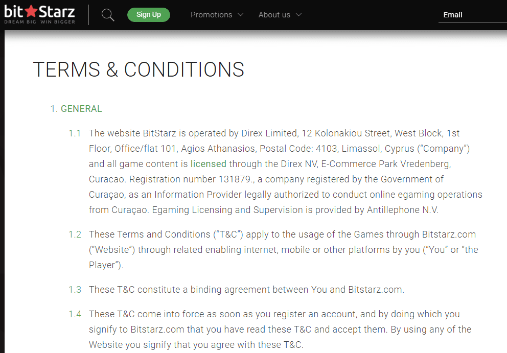 BitStarz Casino terms & conditions