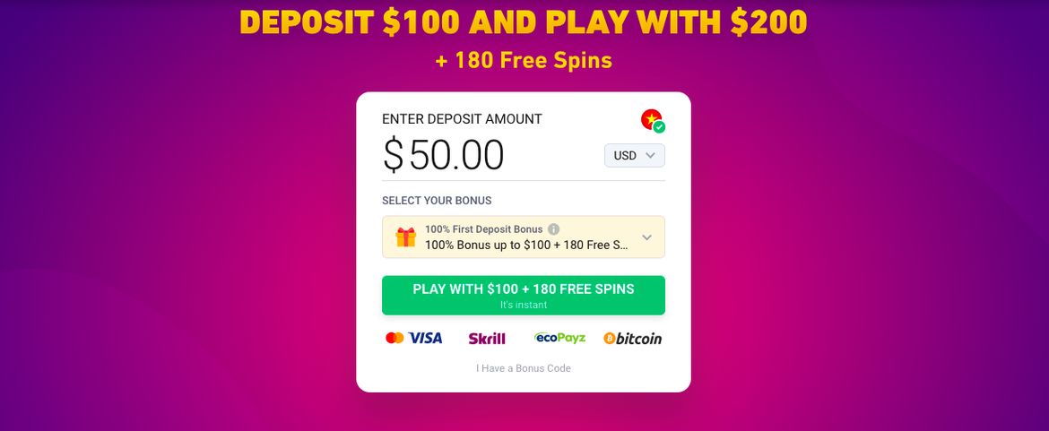 Play With $100 + 180 Free Spins